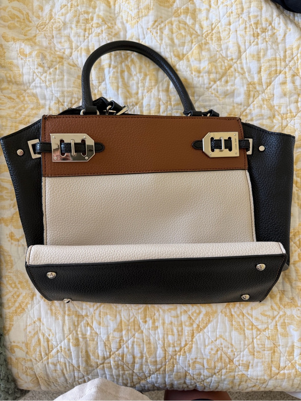 Nine West Tricolor Structured tote  Handbag - Brown, Black & Cream